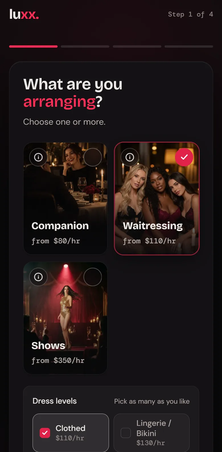 The Luxx booking app, step 1 of 6: waitressing chosen, at the clothed dress level