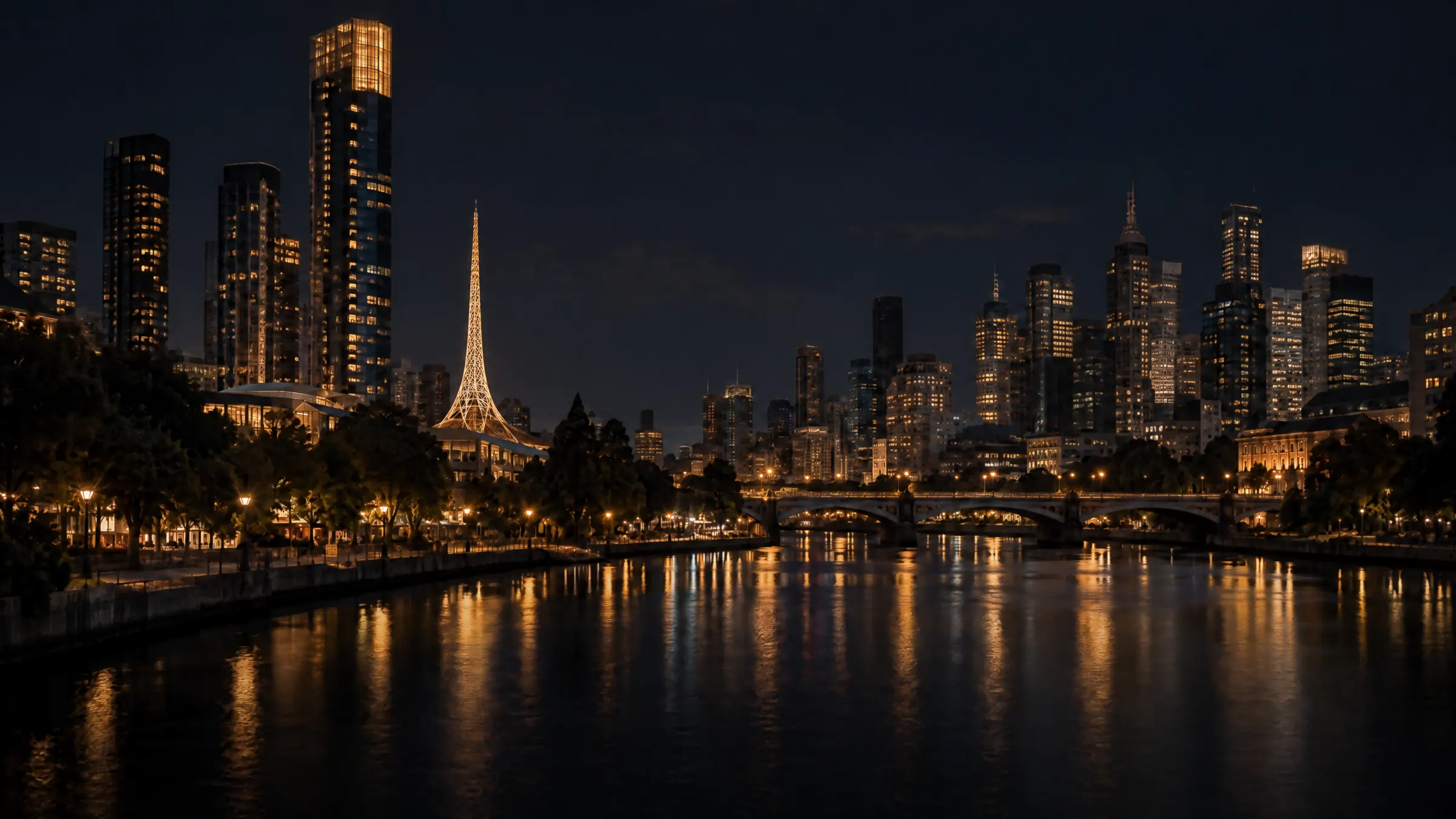 Melbourne's city skyline over the Yarra at night