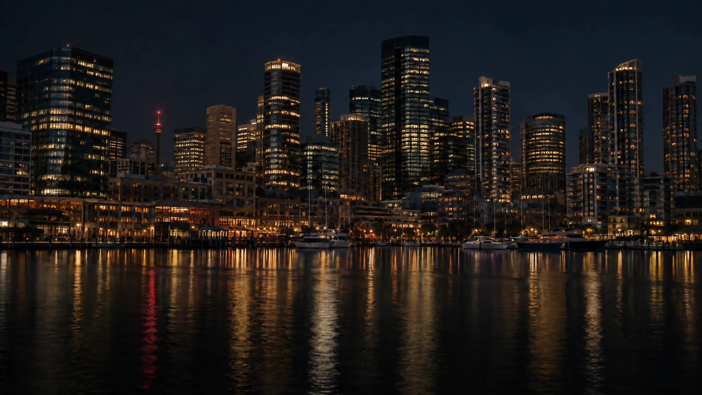 Sydney Harbour at night with the bridge and city lights