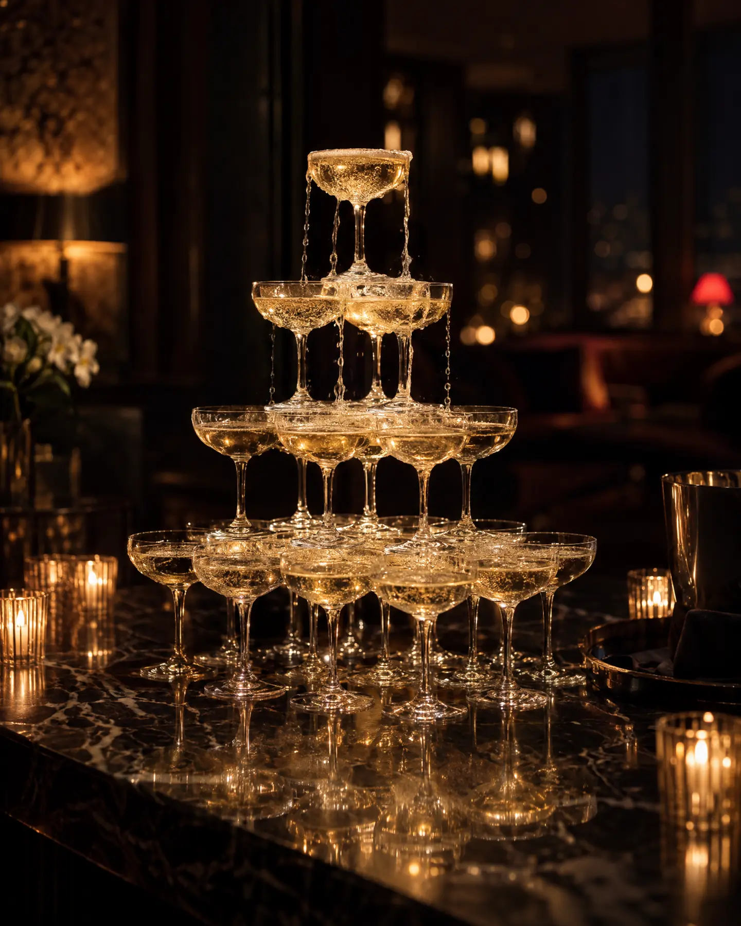 A champagne tower catching warm light at a private party