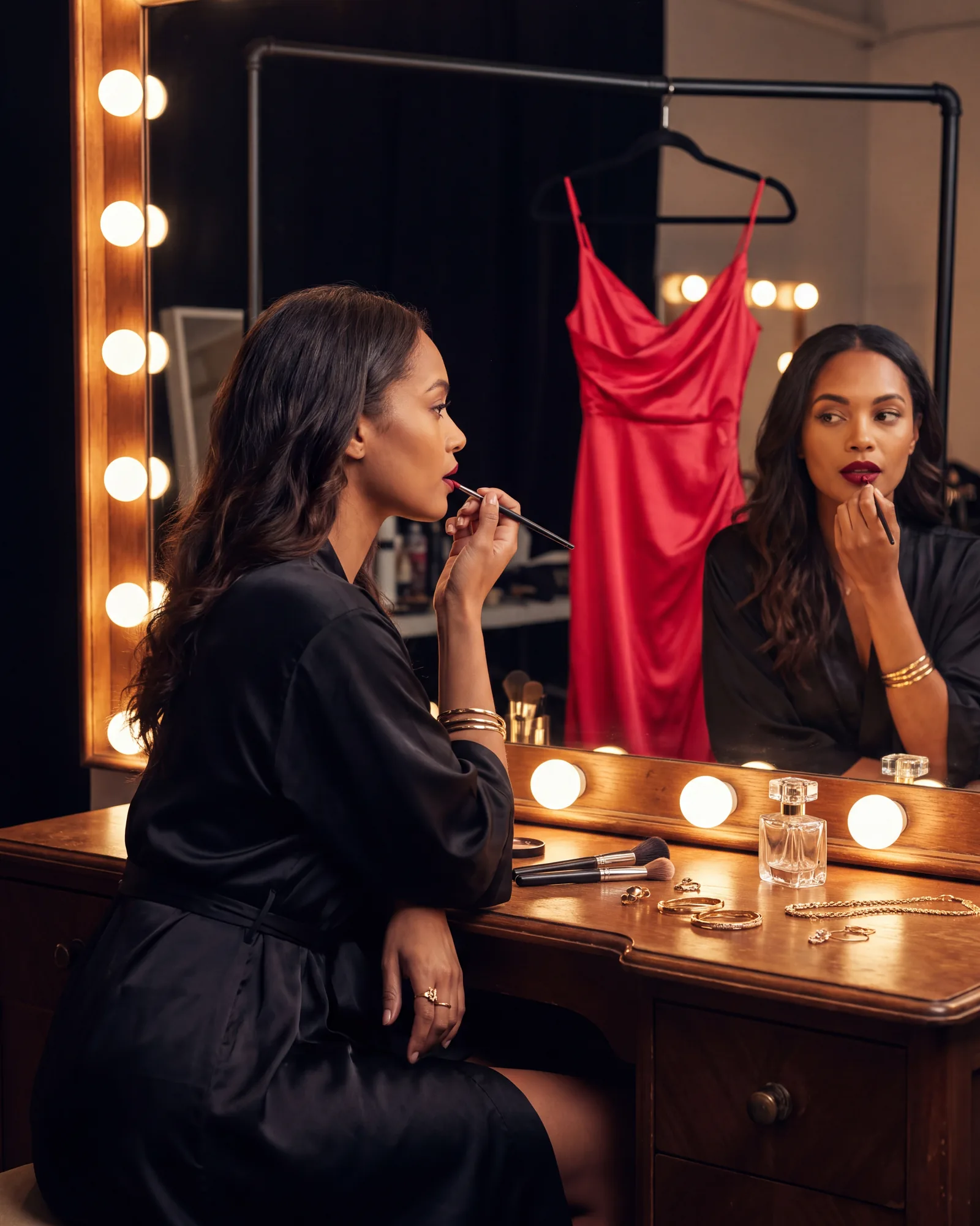 A woman in a black silk robe doing her makeup at a lit dressing-table mirror, a red dress hanging behind her