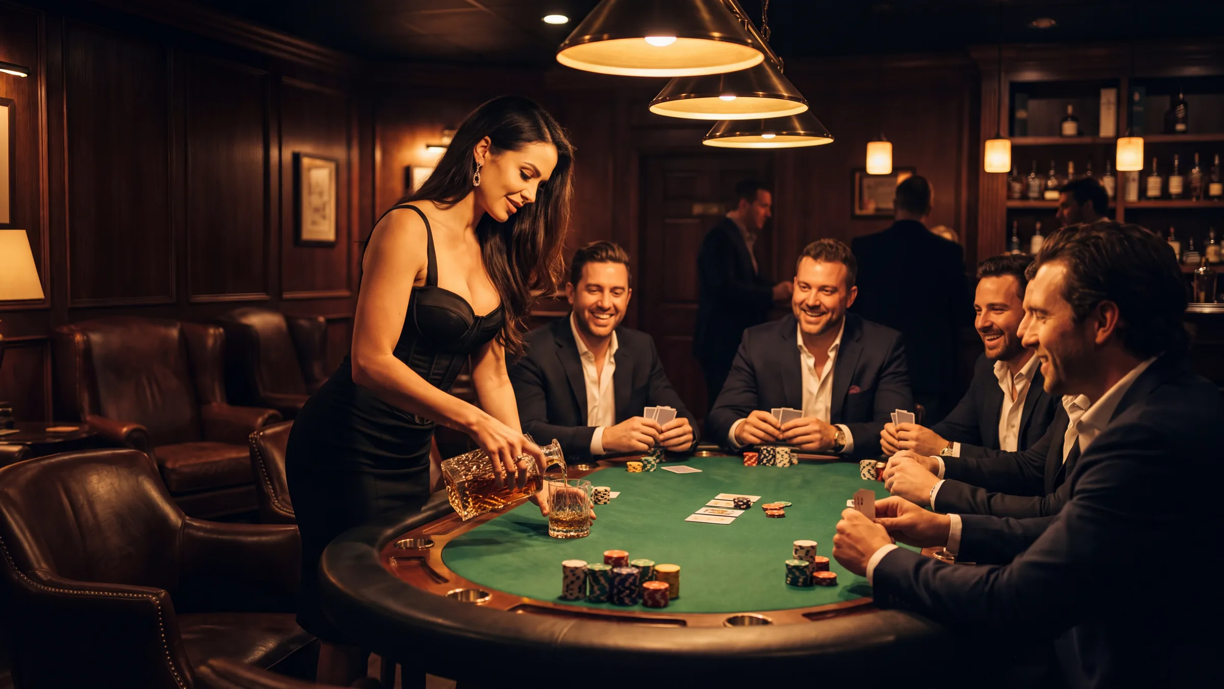 A hostess in a black corset dress pouring whisky for men playing poker in a wood-panelled lounge