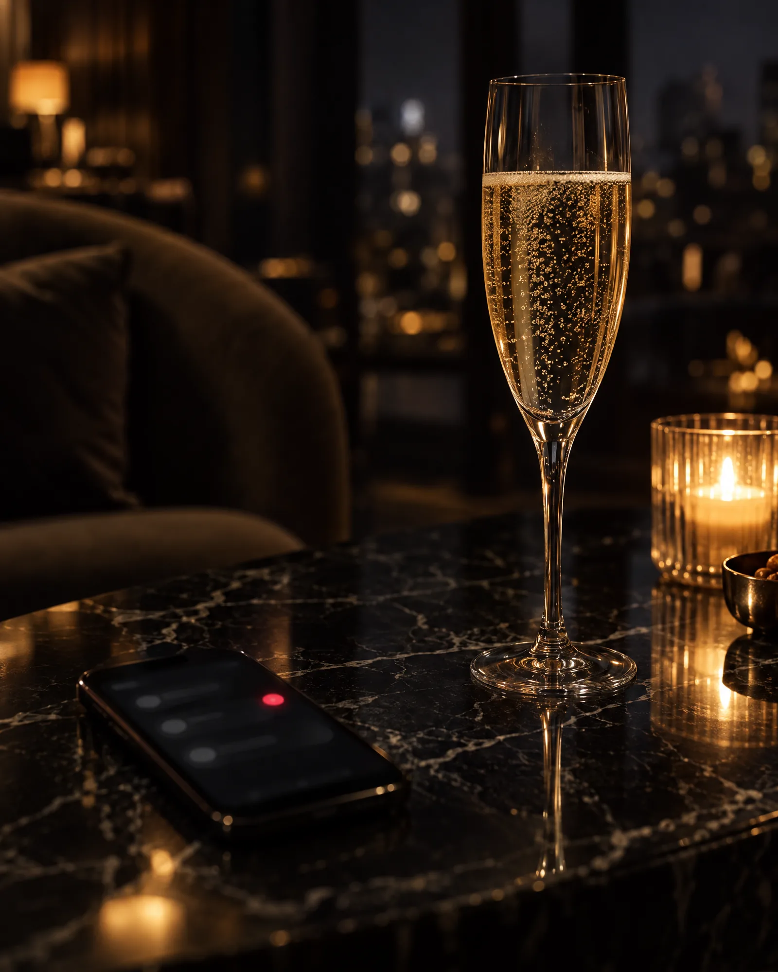 A phone showing a booking on a dark marble table beside a champagne glass