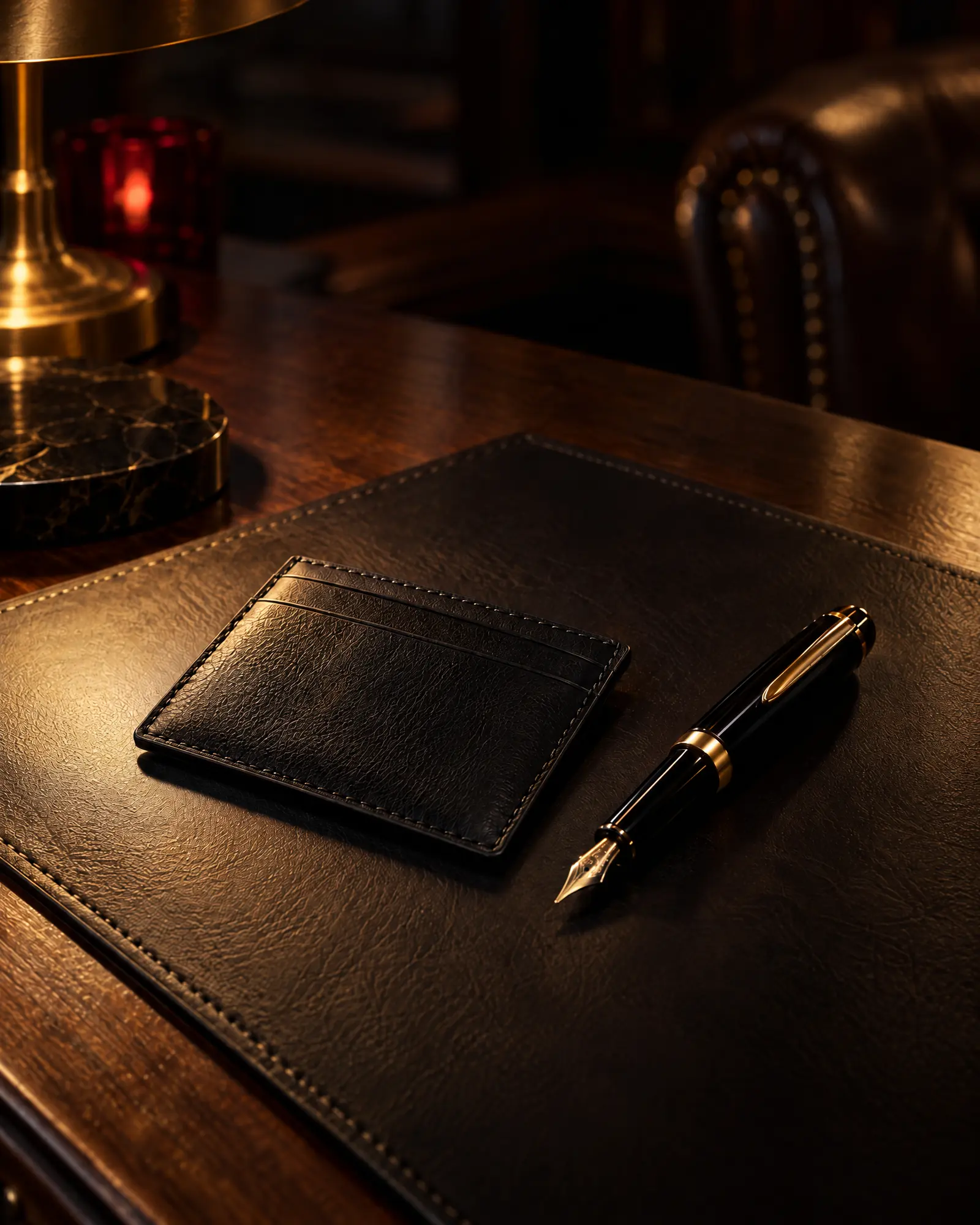A leather card holder and a fountain pen on a dark desk